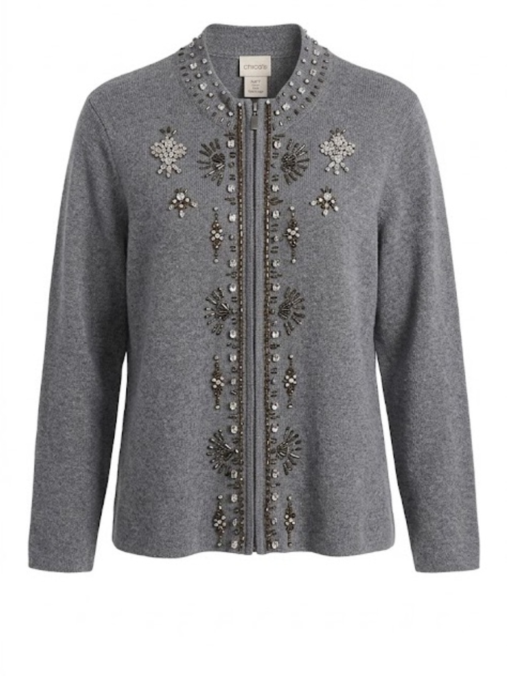Chicos NWT beaded Embroidered Zip Up Knit Cardigan Sweater Grey Size Large